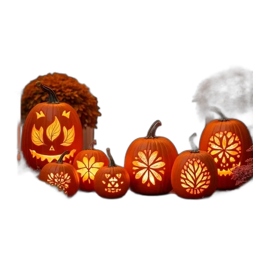 3d render, photorealistic, pixel art, concept art, collection, carved, pumpkins, intricate transparent PNG cut-out
