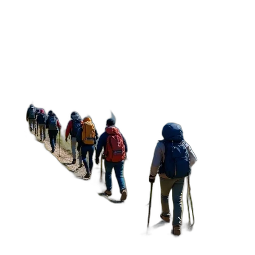 staff, 3d render, concept art, group, hikers, walking, trail, mountainous transparent PNG cut-out
