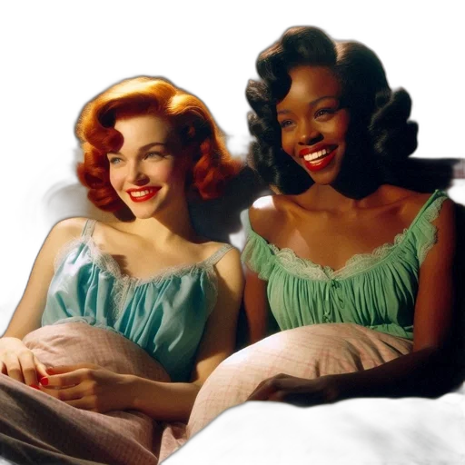 photorealistic, concept art, neon lights, green, pastel, two, women, vintage transparent PNG cut-out