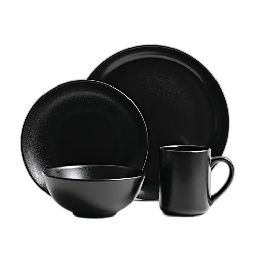 3d render, set, black, ceramic, dishes, textured, surface, including transparent PNG cut-out