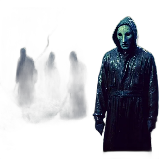 mask, staff, creature, jacket, concept art, fog, outer space, night transparent PNG cut-out