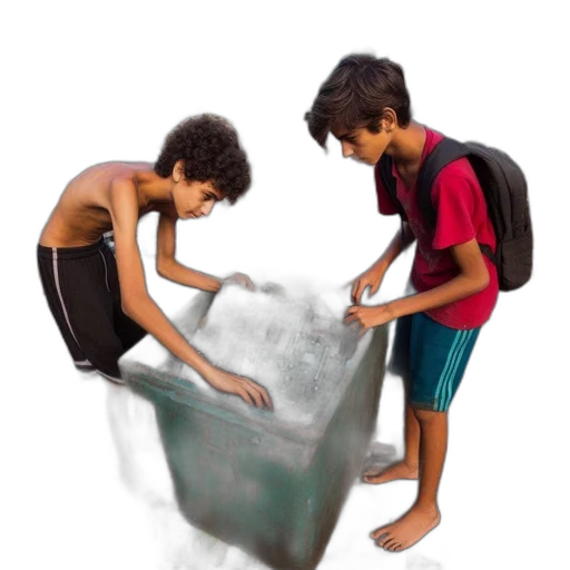 3d render, photorealistic, concept art, oil painting, underwater, two, boys, rummage transparent PNG cut-out