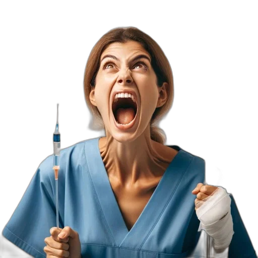 staff, medical, worker, blue, scrubs, holds, syringe, saline transparent PNG cut-out