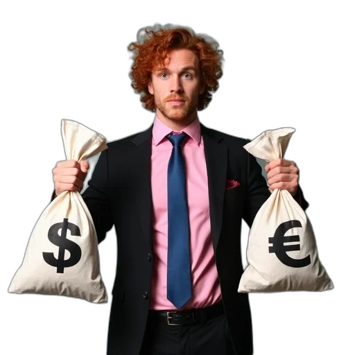 jacket, man, curly, red, hair, holding, two, bags transparent PNG cut-out