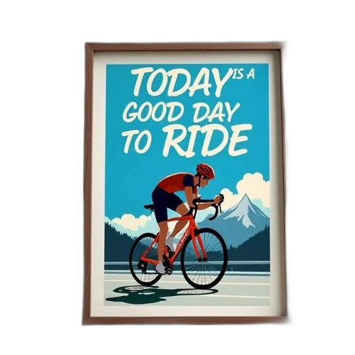 framed, poster, stylized, illustration, cyclist, riding, road, mountains transparent PNG cut-out