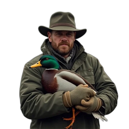 animal, hat, jacket, staff, duck, hunter, holding, his transparent PNG cut-out
