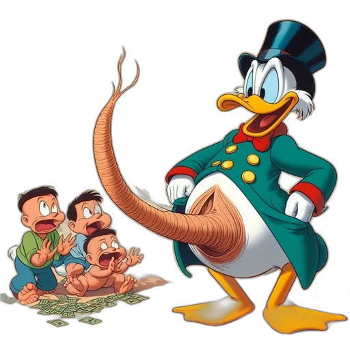 animal, cartoon, concept art, scrooge, mcduck, stands, upright, green transparent PNG cut-out