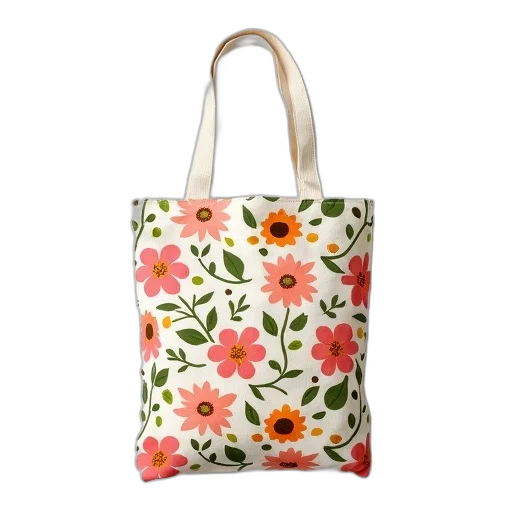 white, canvas, tote, bag, floral, pattern, featuring, variety transparent PNG cut-out