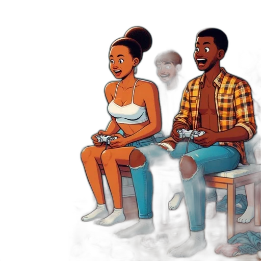 concept art, cartoon, comic book art, 3d render, four, youths, play, video transparent PNG cut-out