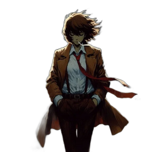 jacket, staff, mask, face, concept art, anime, pixel art, comic book art transparent PNG cut-out
