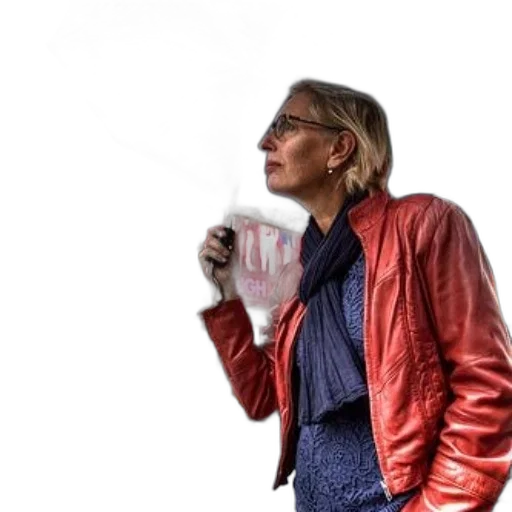 jacket, bottle, woman, red, holds, umbrella, while, standing transparent PNG cut-out