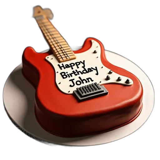 3d render, birthday, cake, shaped, like, guitar, words, happy transparent PNG cut-out
