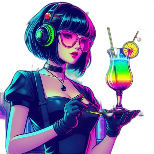 dress, staff, cyberpunk, vaporwave, pixel art, concept art, neon lights, neon transparent PNG cut-out