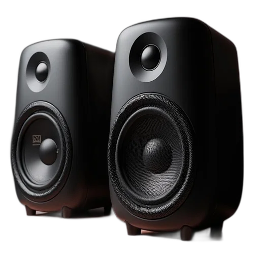 3d render, pair, black, high-quality, speakers, mesh, grille, logo transparent PNG cut-out