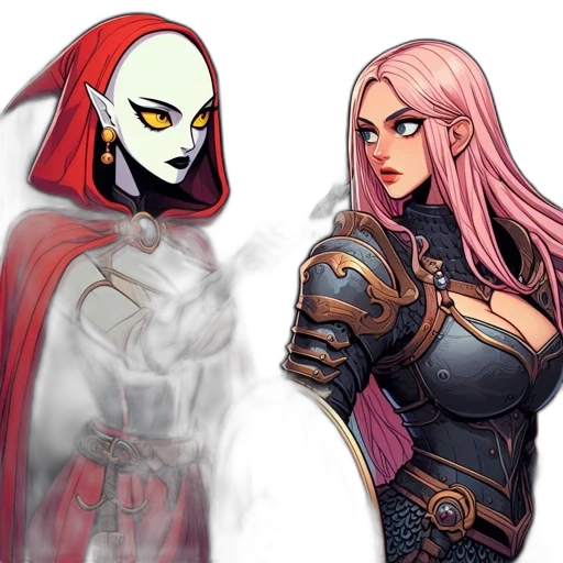 concept art, fantasy art, comic book art, pixel art, red, dark, two, females transparent PNG cut-out