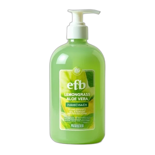 bottle, green, liquid, soap, label, reads, ebb, lemongrass transparent PNG cut-out