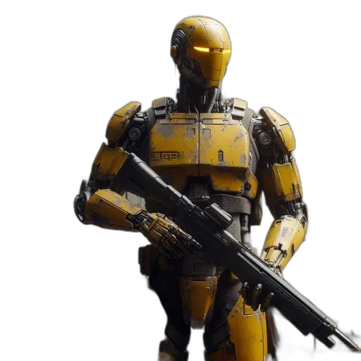 robot, weapon, 3d render, concept art, pixel art, cyberpunk, golden, yellow-armored transparent PNG cut-out