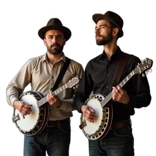 two, men, standing, next, each, other, playing, banjo transparent PNG cut-out