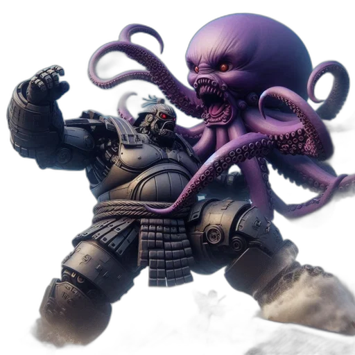 creature, concept art, 3d render, fantasy art, samurai-like, robotic, figure, confronts transparent PNG cut-out