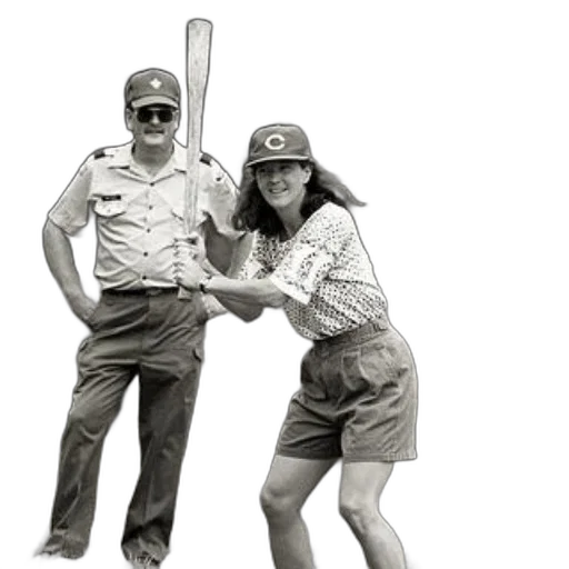 staff, woman, baseball, cap, patterned, shirt, holds, bat transparent PNG cut-out