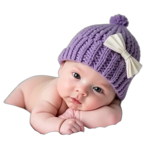 hat, face, crown, photorealistic, 3d render, baby, purple, knitted transparent PNG cut-out