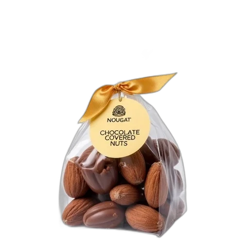 food, photorealistic, package, chocolate-covered, nuts, displayed, clear, plastic transparent PNG cut-out