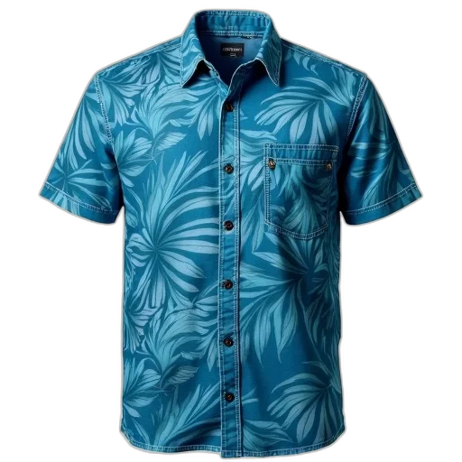 blue, short-sleeved, shirt, tropical, leaf, pattern, displayed, against transparent PNG cut-out
