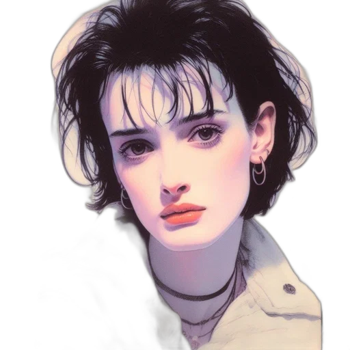 face, jacket, hair, robot, photorealistic, oil painting, watercolor, vaporwave transparent PNG cut-out
