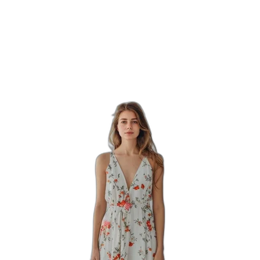 dress, young, woman, brown, hair, floral-patterned, stands, against transparent PNG cut-out