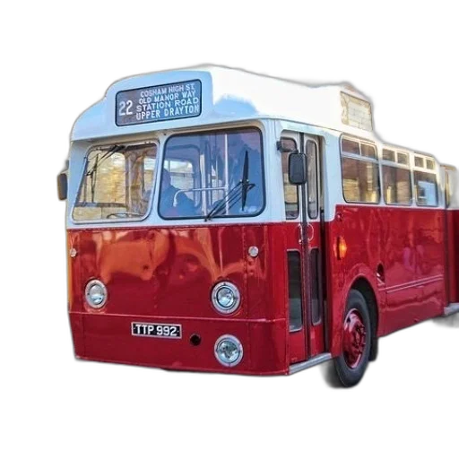 red, white, bus, number, driving, down, street transparent PNG cut-out