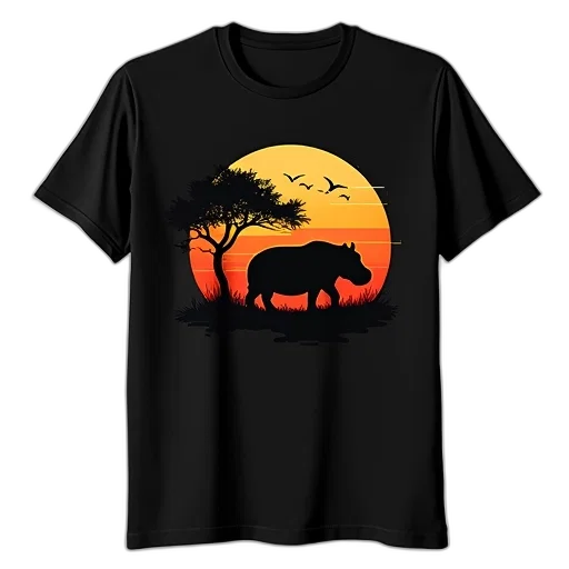 black, t-shirt, graphic, design, featuring, hippo, silhouette, against transparent PNG cut-out
