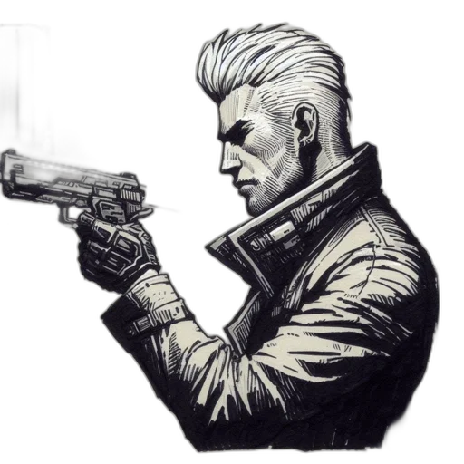 jacket, weapon, staff, face, comic book art, cyberpunk, concept art, cartoon transparent PNG cut-out