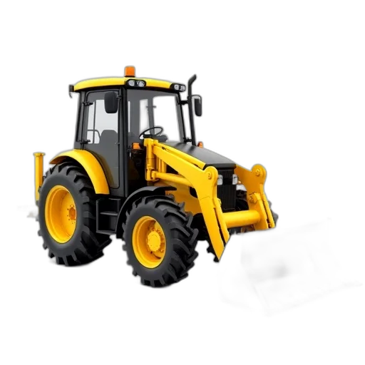 3d render, yellow, black, compact, tractor, front, loader, attachment transparent PNG cut-out