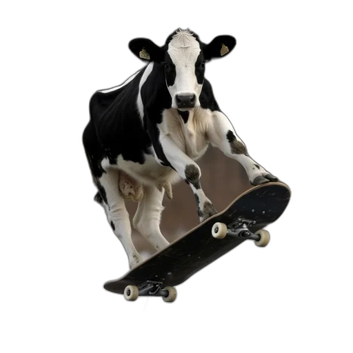 animal, shoes, photorealistic, 3d render, black, white, cow, skateboards transparent PNG cut-out