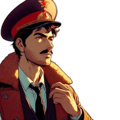 jacket, hat, face, staff, comic book art, anime, concept art, cartoon transparent PNG cut-out
