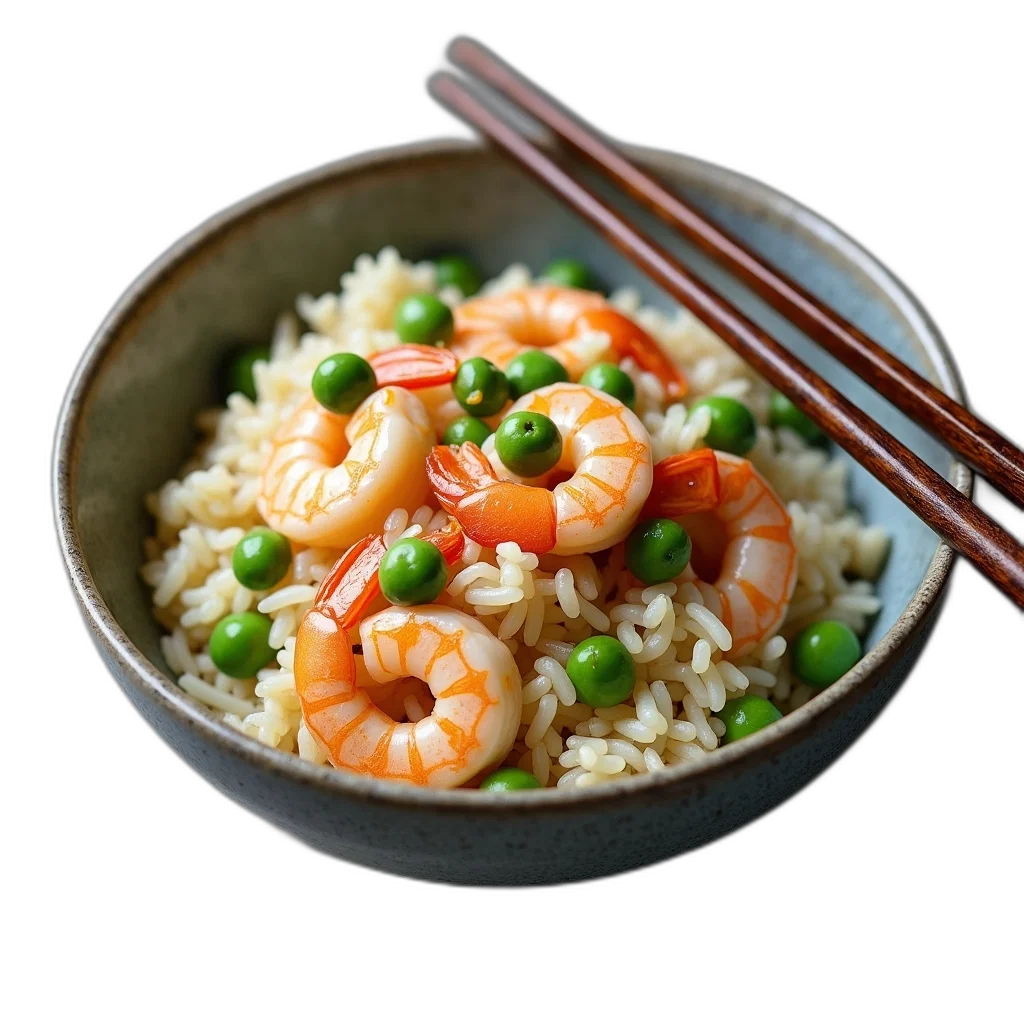 food, photorealistic, bowl, rice, shrimp, peas, placed, textured transparent PNG cut-out