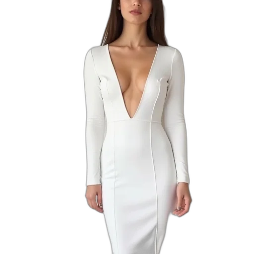 dress, jacket, white, long, sleeve, plunge, bandage, midi transparent PNG cut-out