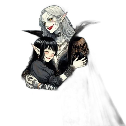 concept art, fantasy art, pixel art, watercolor, monochrome, dark, two, female transparent PNG cut-out