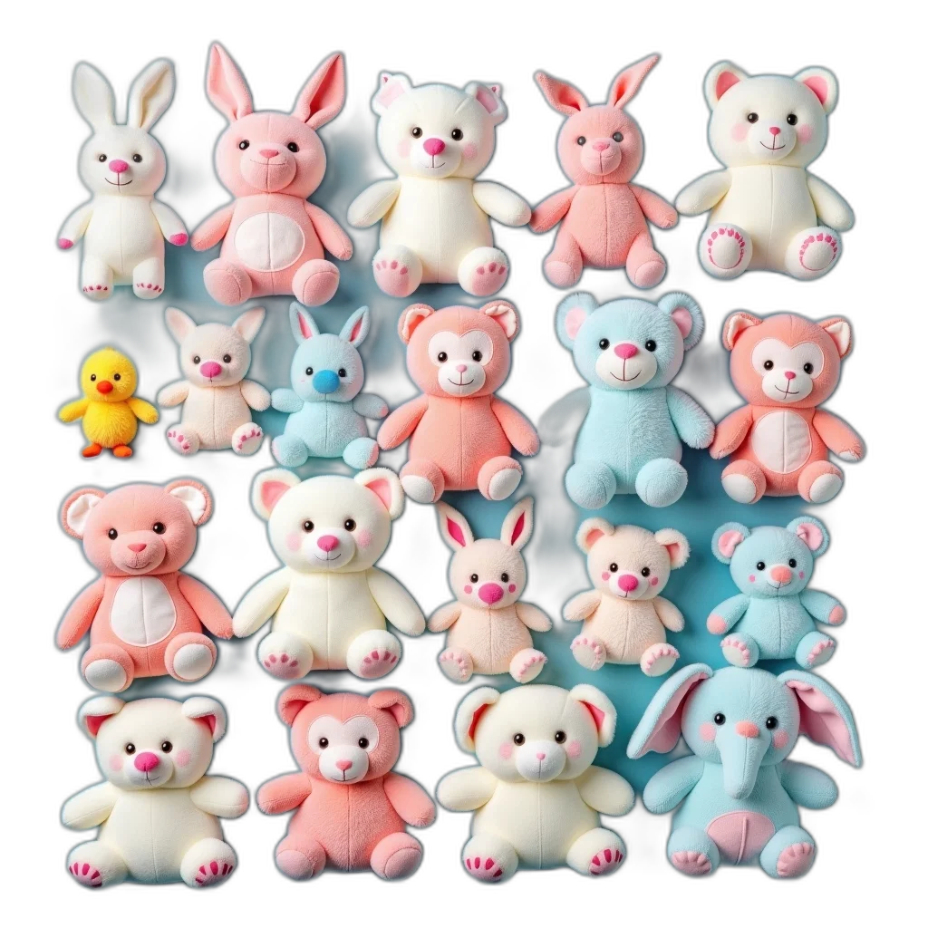 3d render, pastel, collection, various, plush, toys, displayed, grid transparent PNG cut-out