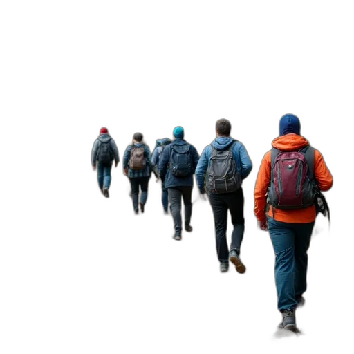 jacket, 3d render, concept art, group, hikers, walking, rocky, trail transparent PNG cut-out