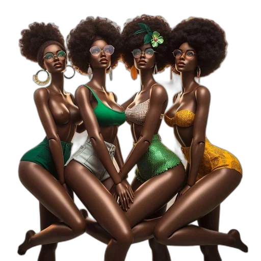 concept art, green, earth tones, neon, golden, four, women, swimwear transparent PNG cut-out