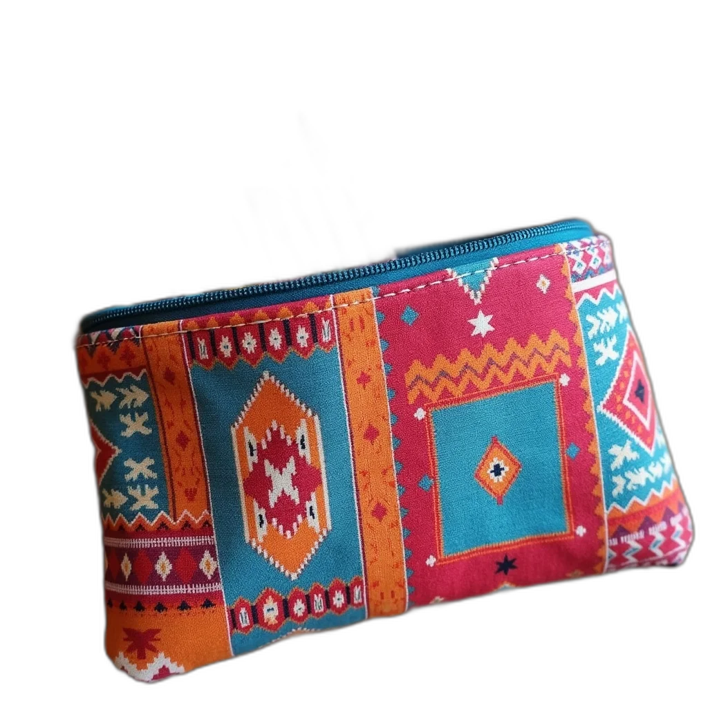 jewelry, colorful, fabric, pouch, geometric, pattern, open, revealing transparent PNG cut-out