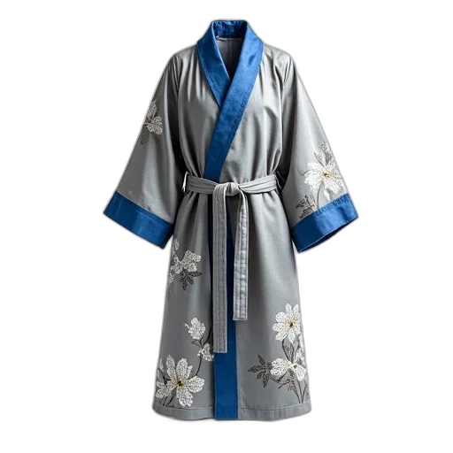 jacket, dress, grey, robe, floral, pattern, blue, trim transparent PNG cut-out