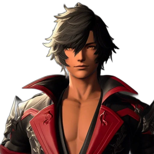 jacket, face, weapon, hair, 3d render, concept art, red, animated transparent PNG cut-out
