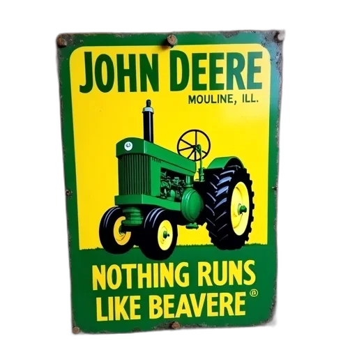 vintage-style, sign, featuring, green, tractor, words, john, deere transparent PNG cut-out