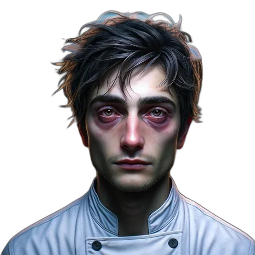 face, staff, food, jacket, concept art, photorealistic, cyberpunk, comic book art transparent PNG cut-out