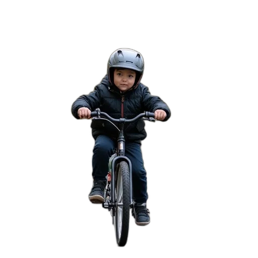 jacket, photorealistic, young, child, riding, bicycle, road, trees transparent PNG cut-out