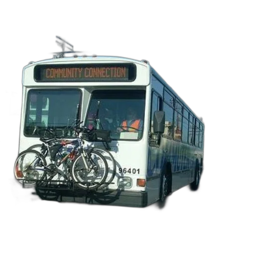 photorealistic, 3d render, white, bus, bikes, front, driving, down transparent PNG cut-out