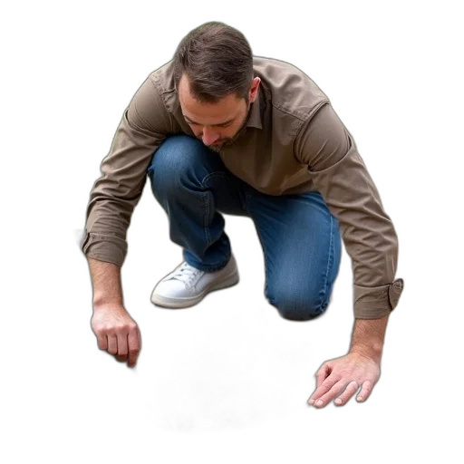shoes, staff, jacket, creature, photorealistic, 3d render, man, kneeling transparent PNG cut-out