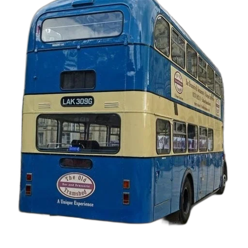 photorealistic, 3d render, blue, double-decker, bus, words, old, tramshed transparent PNG cut-out